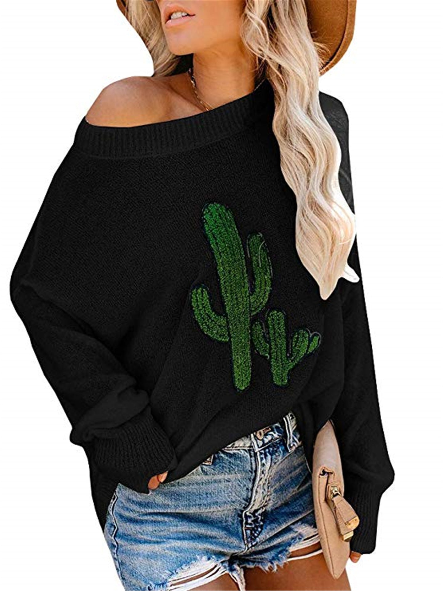 Damen Oversize Pullover Cactus-Design Rundhalsausschnitt Eveloria
