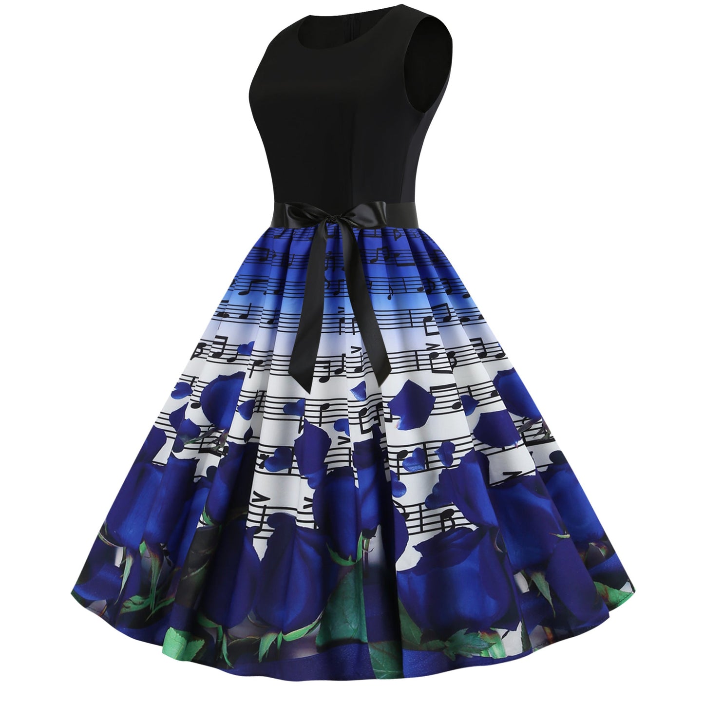 Damen Midi-Kleid Florales Rosendesign Mit Notenmuster
