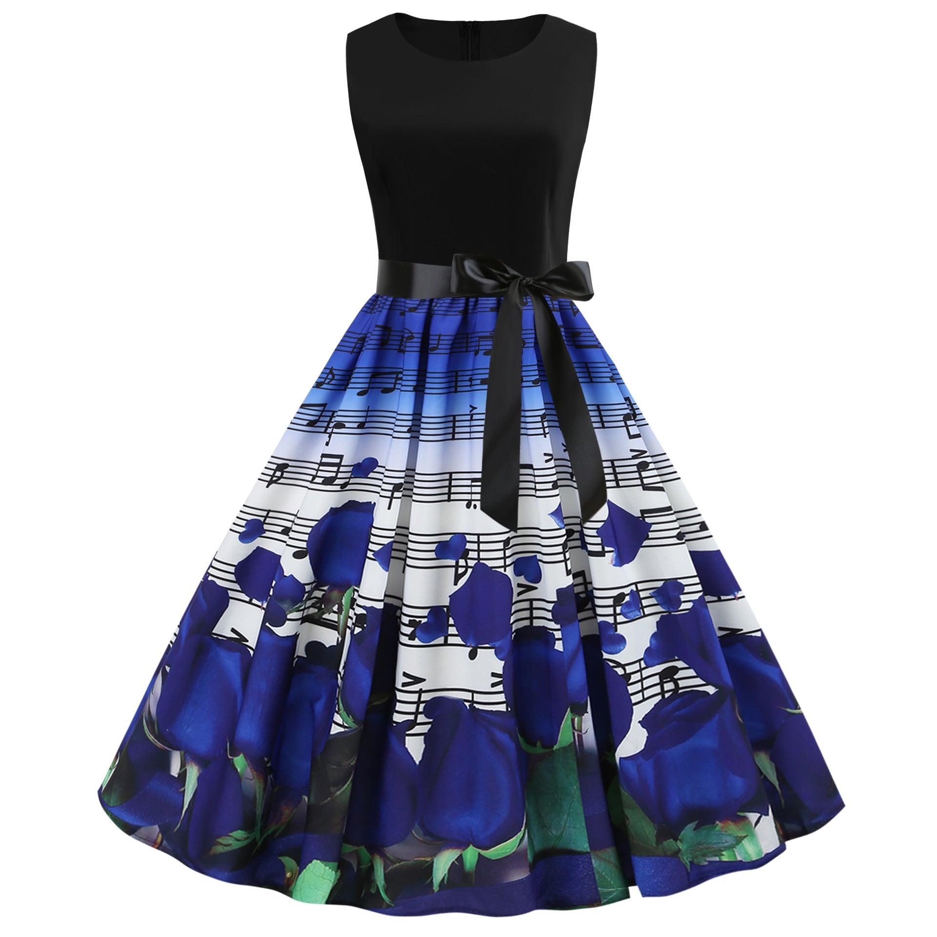 Damen Midi-Kleid Florales Rosendesign Mit Notenmuster - Eveloria