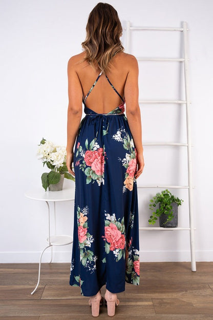 Damen Maxikleid Blumenmuster V-Ausschnitt Eveloria