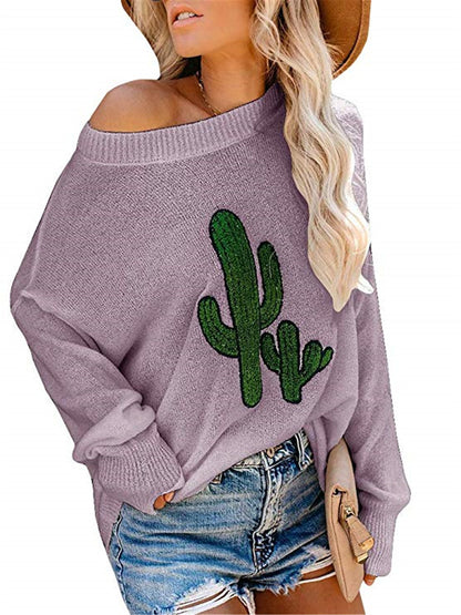 Damen Oversize Pullover Cactus-Design Rundhalsausschnitt Eveloria