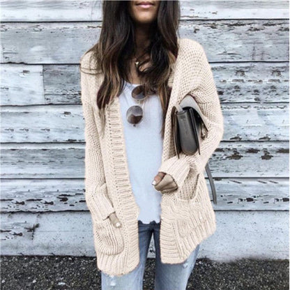 Damen Cardigan Grobstrick Offene Front Mit Taschen Beige