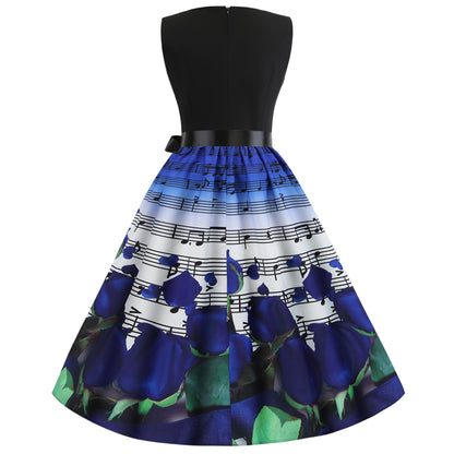 Damen Midi-Kleid Florales Rosendesign Mit Notenmuster