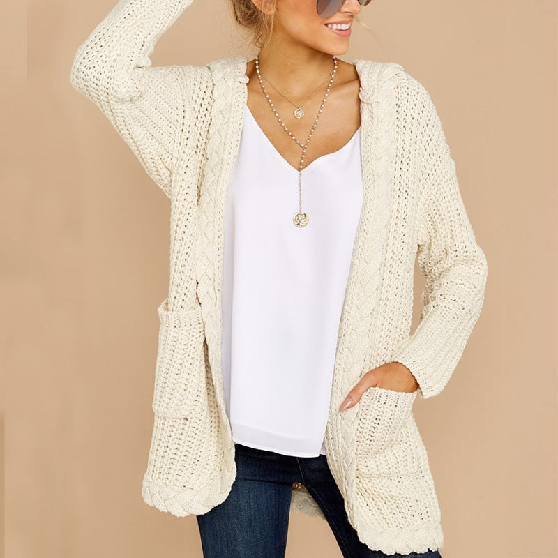 Damen Strickjacke Kapuze Taschen Weich Grobstrick