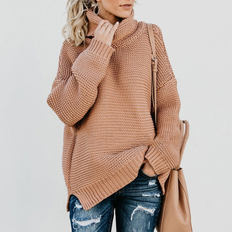 Damen Strickpullover Oversize mit hohem Kragen Beige