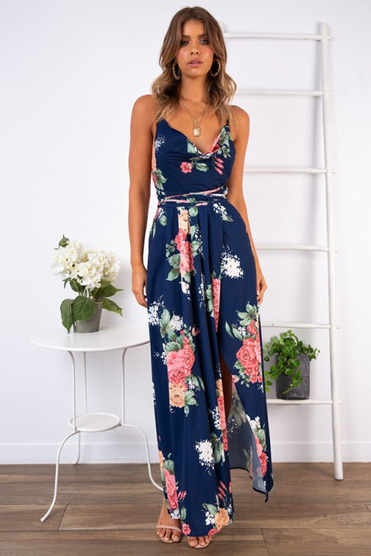 Damen Maxikleid Blumenmuster V-Ausschnitt Eveloria - Eveloria