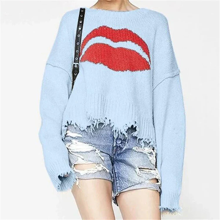 Eveloria Damen Oversized Pullover Wollstrick Lippenmotiv
