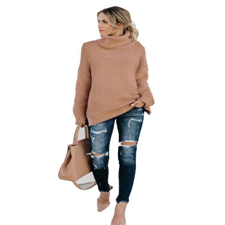 Damen Strickpullover Oversize mit hohem Kragen Beige