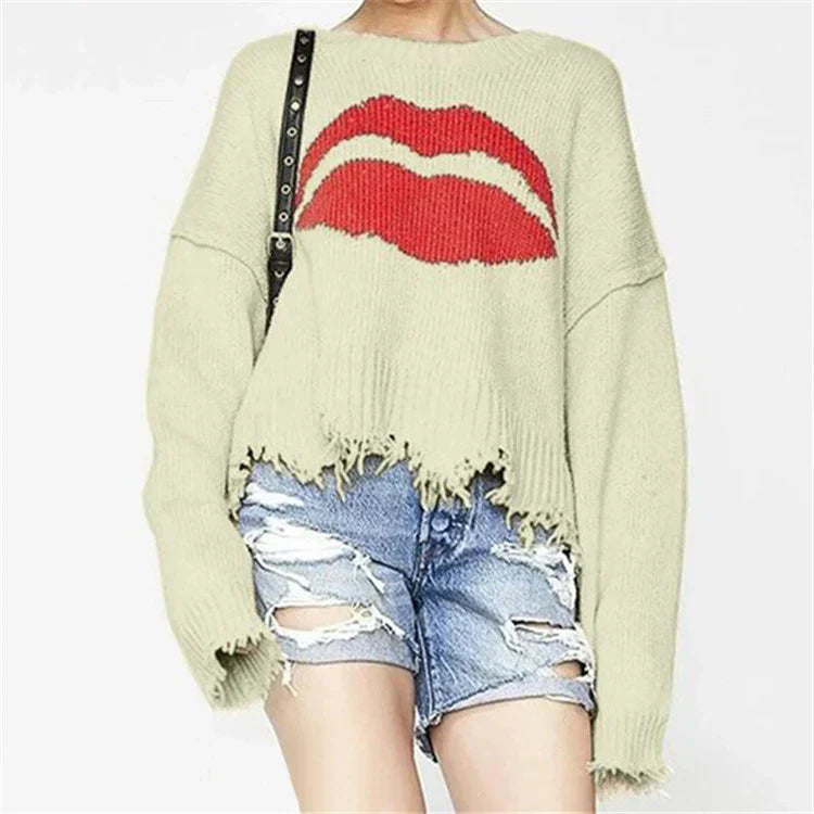 Eveloria Damen Oversized Pullover Wollstrick Lippenmotiv - Eveloria