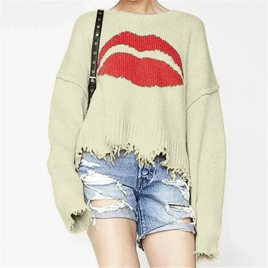 Eveloria Damen Oversized Pullover Wollstrick Lippenmotiv - Eveloria