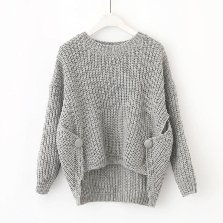 Damen Strickpullover Lässig Weite Passform Einzigartige Knöpfe