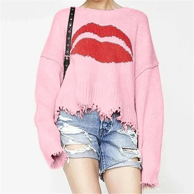 Eveloria Damen Oversized Pullover Wollstrick Lippenmotiv