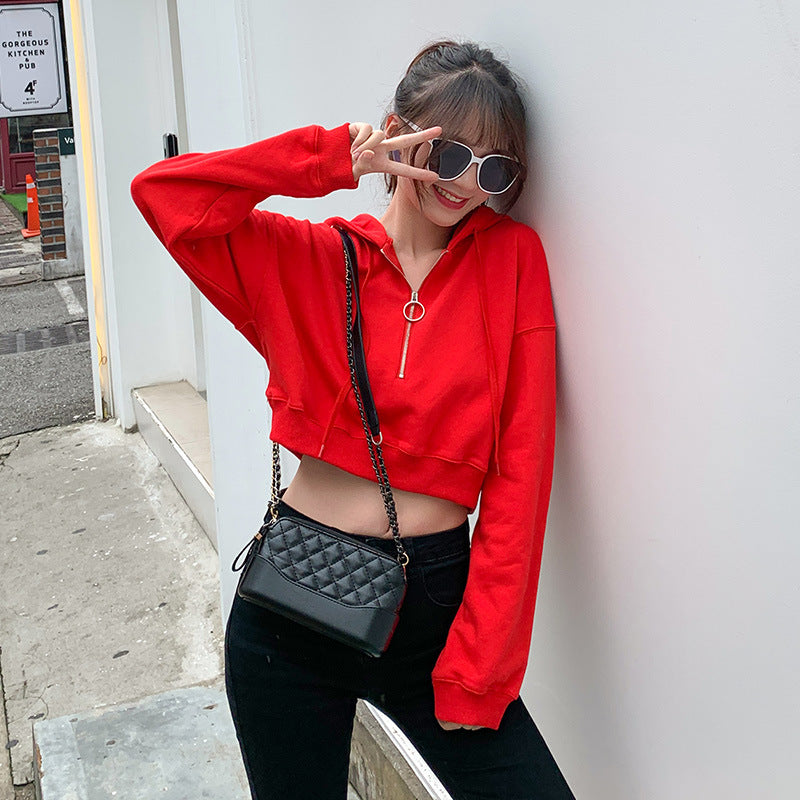 Damen Cropped Kapuzenpullover mit Schlüsselring Schwarz - Eveloria