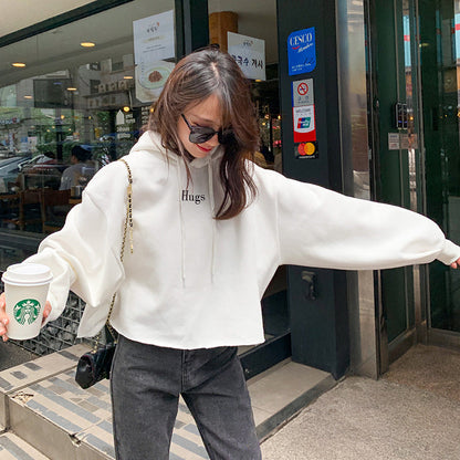 Damen Cropped Hoodie Oversized Ärmel Grau Eveloria