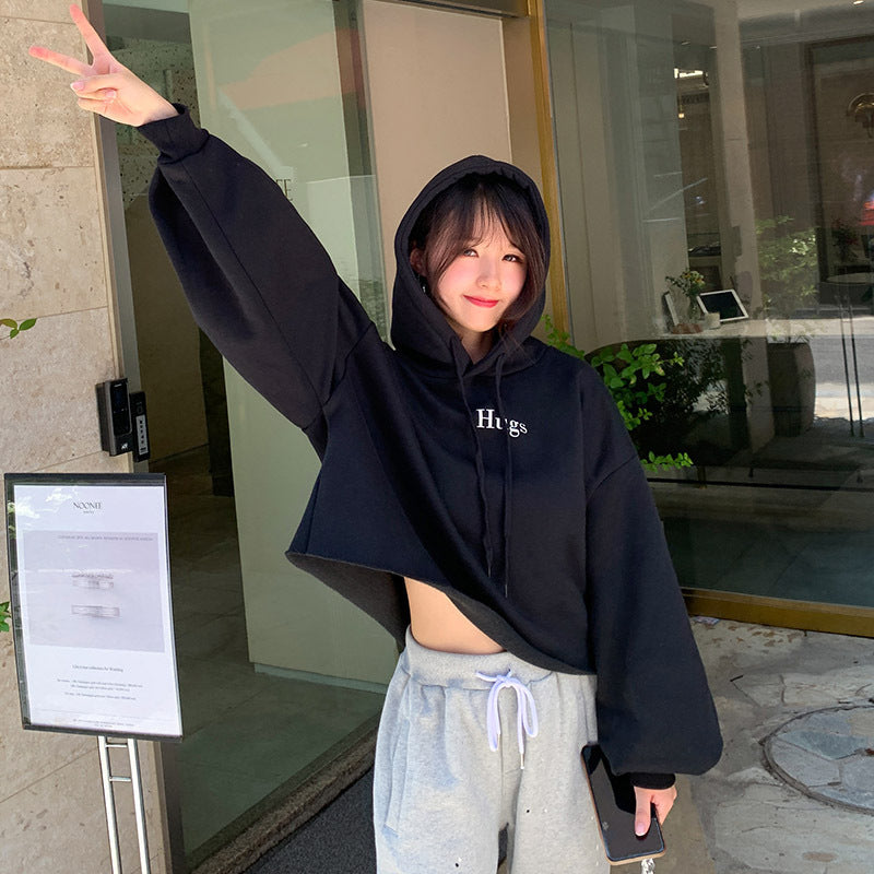 Damen Cropped Hoodie Oversized Ärmel Grau Eveloria