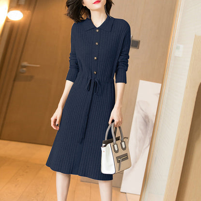 Damen Strickkleid Stehkragen Taillengürtel Eveloria