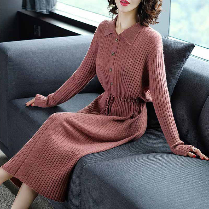 Damen Strickkleid Stehkragen Taillengürtel Eveloria