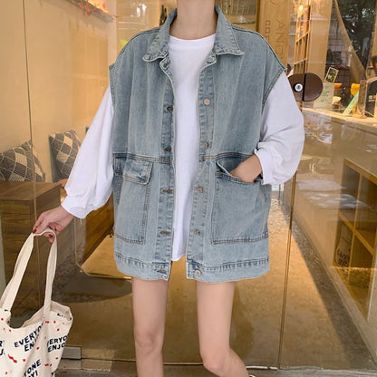 Damen Denimweste Lässig Große Taschen Blau Eveloria - Eveloria