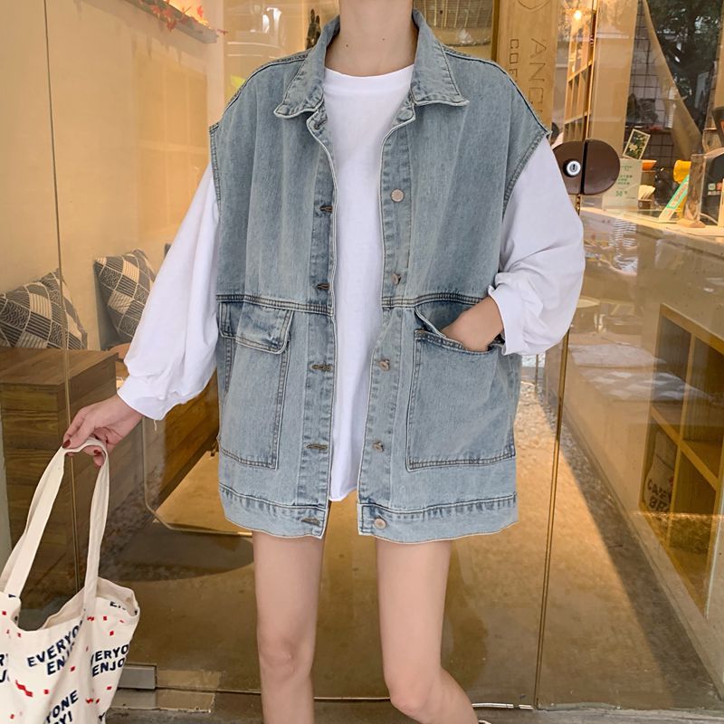 Damen Denimweste Lässig Große Taschen Blau Eveloria
