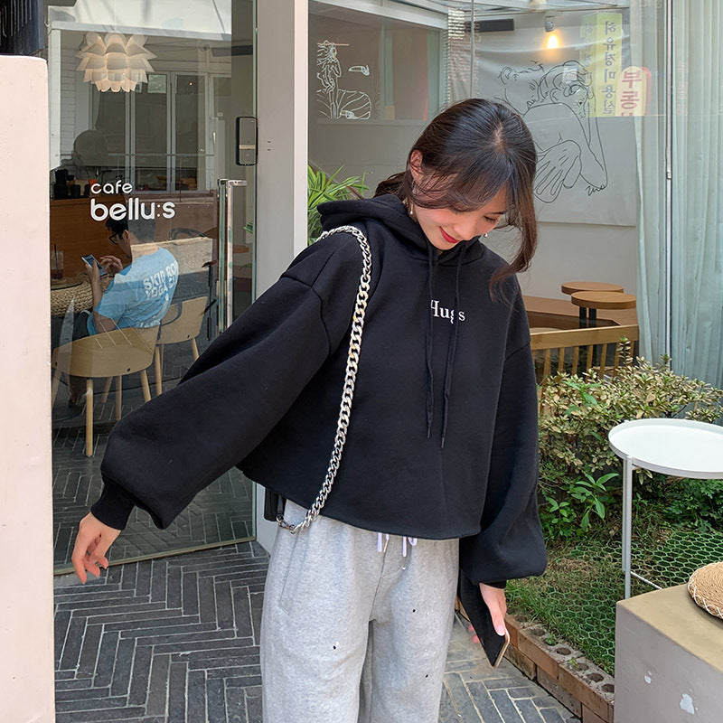 Damen Cropped Hoodie Oversized Ärmel Grau Eveloria