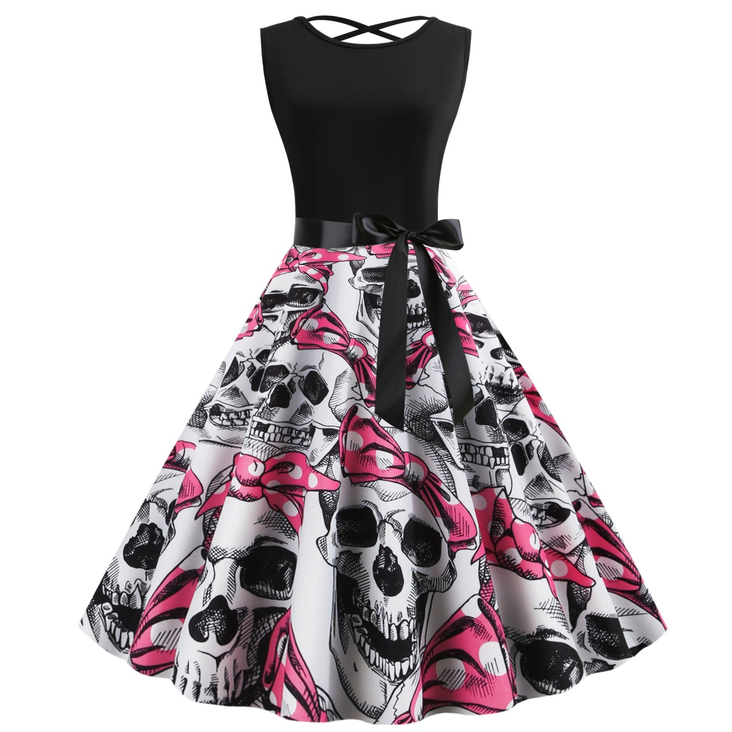 Damen Rockabilly Kleid Totenkopf Motiv Voluminöser Rock Schwarz - Eveloria