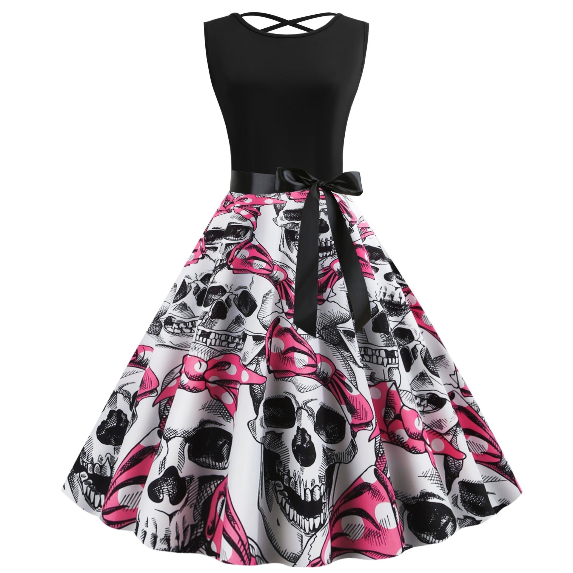 Damen Rockabilly Kleid Totenkopf Motiv Voluminöser Rock Schwarz - Eveloria