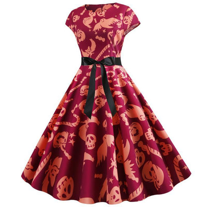 Damen Retro Swingkleid Halloween-Muster Taillengürtel Eveloria
