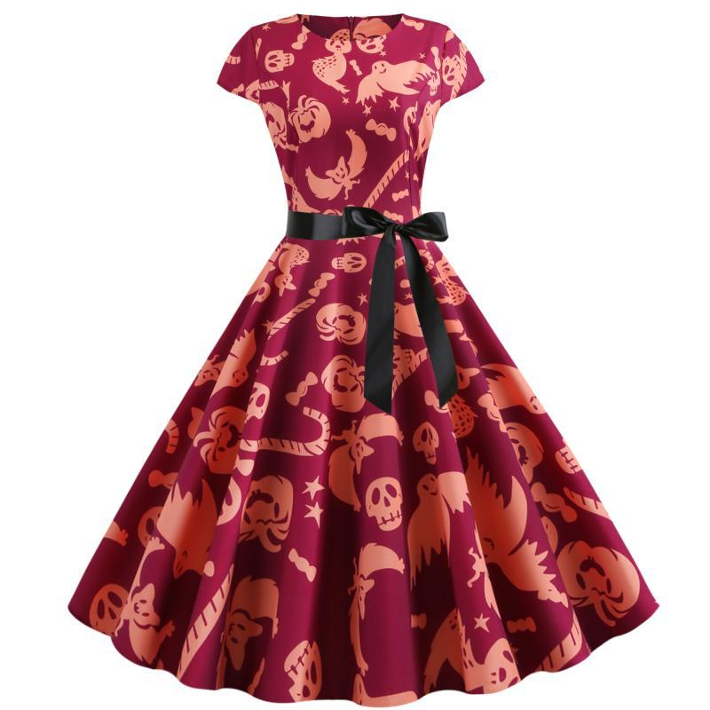 Damen Retro Swingkleid Halloween-Muster Taillengürtel Eveloria - Eveloria