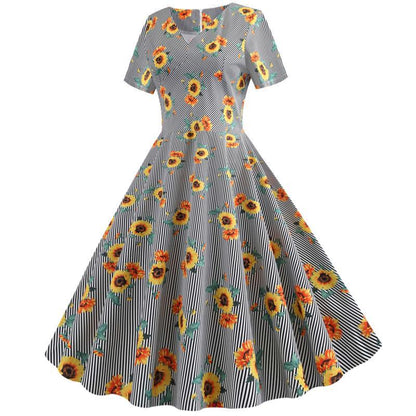 Damen Swingkleid Floralmuster Tailliert Sonnenblumen