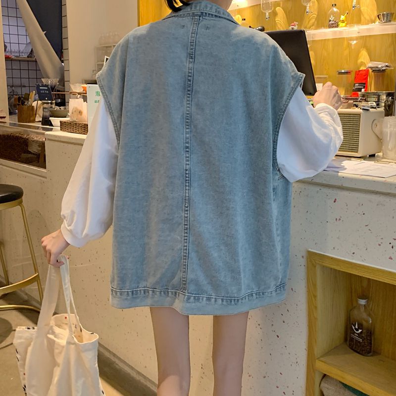 Damen Denimweste Lässig Große Taschen Blau Eveloria