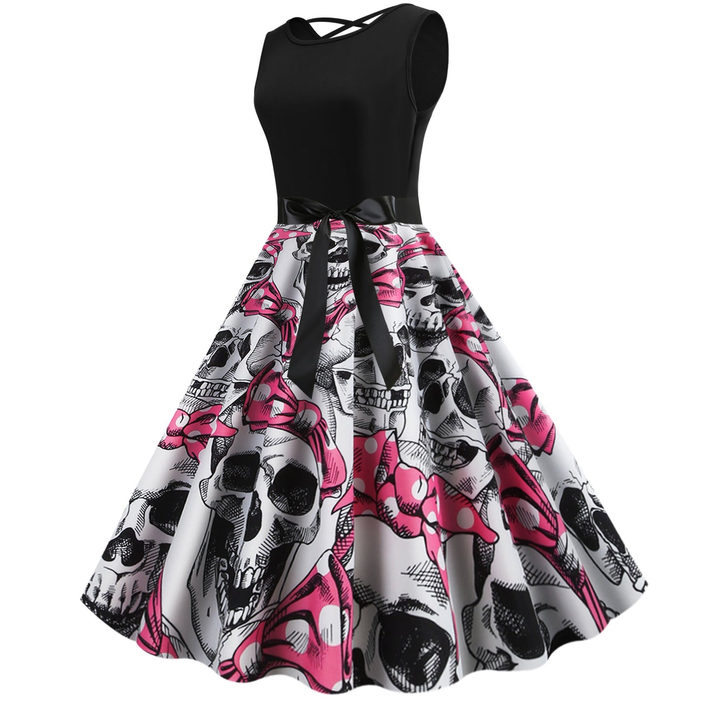 Damen Rockabilly Kleid Totenkopf Motiv Voluminöser Rock