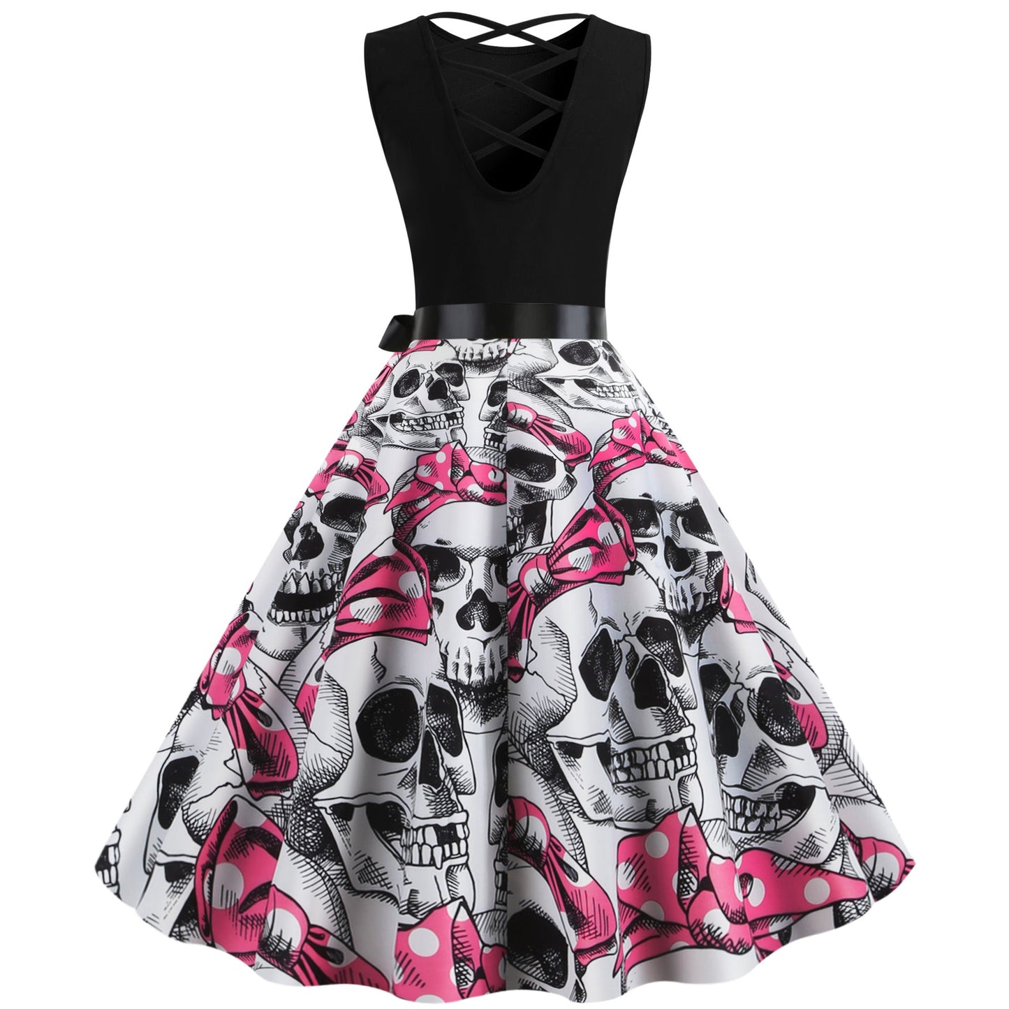 Damen Rockabilly Kleid Totenkopf Motiv Voluminöser Rock