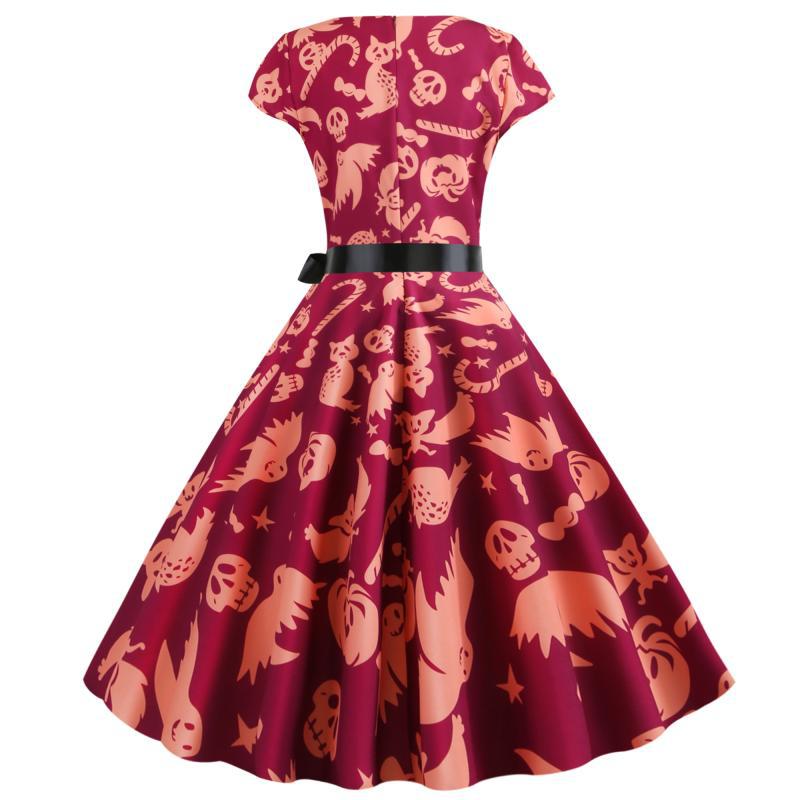 Damen Retro Swingkleid Halloween-Muster Taillengürtel Eveloria