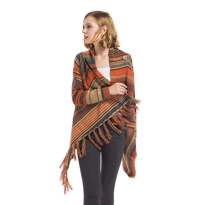 Damen Poncho mit Fransen Geometrisches Muster