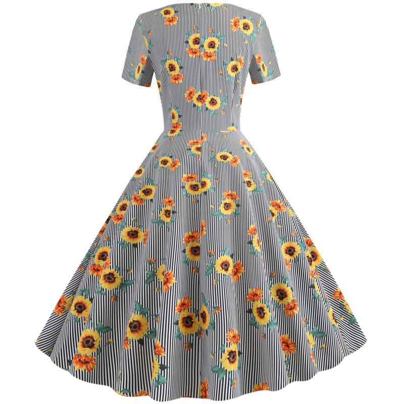 Damen Swingkleid Floralmuster Tailliert Sonnenblumen