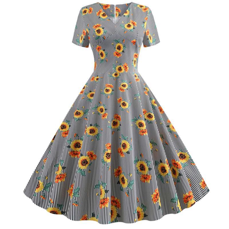 Damen Swingkleid Floralmuster Tailliert Sonnenblumen Schwarz - Eveloria