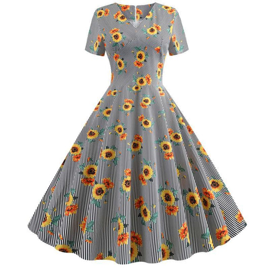 Damen Swingkleid Floralmuster Tailliert Sonnenblumen Schwarz - Eveloria
