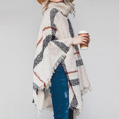 Damen Strickponcho Asymmetrisch Mit Kragen Beige