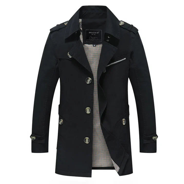 Herren Trenchcoat Slim Fit Knopfleiste Leicht Schwarz - Eveloria