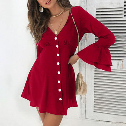 Damen Knielanges Kleid Rüschendetails Knopfverschluss Eveloria
