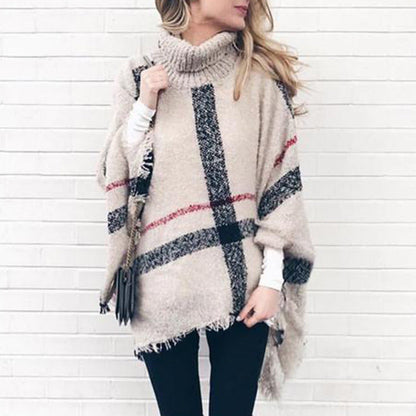 Damen Strickponcho Asymmetrisch Mit Kragen Beige - Eveloria