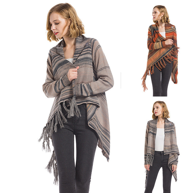 Damen Poncho mit Fransen Geometrisches Muster - Eveloria