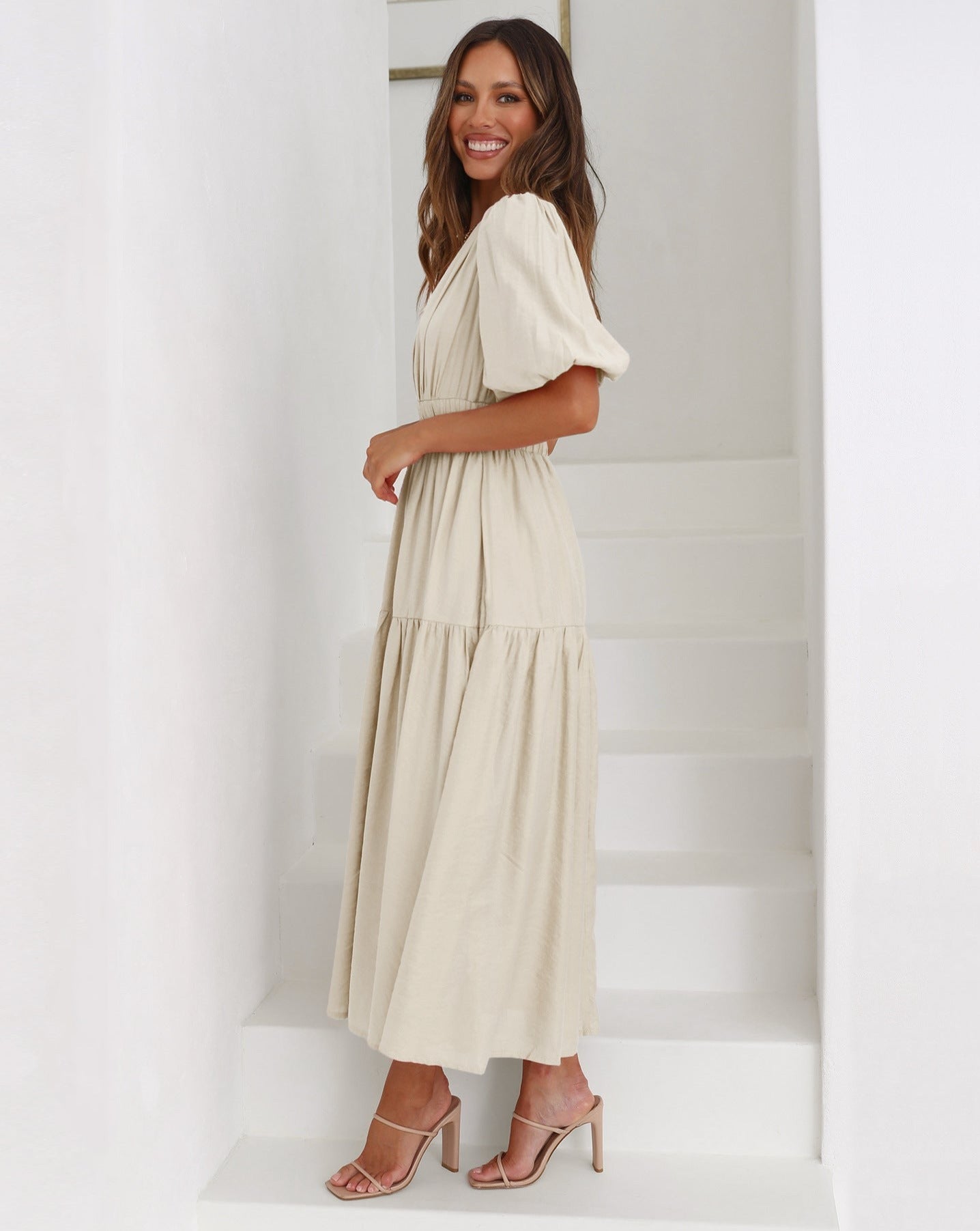 Damen Sommer-Midikleid V-Ausschnitt Puffärmel Einfarbig Elegant