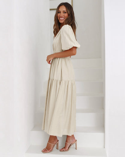Damen Sommer-Midikleid V-Ausschnitt Puffärmel Einfarbig Elegant