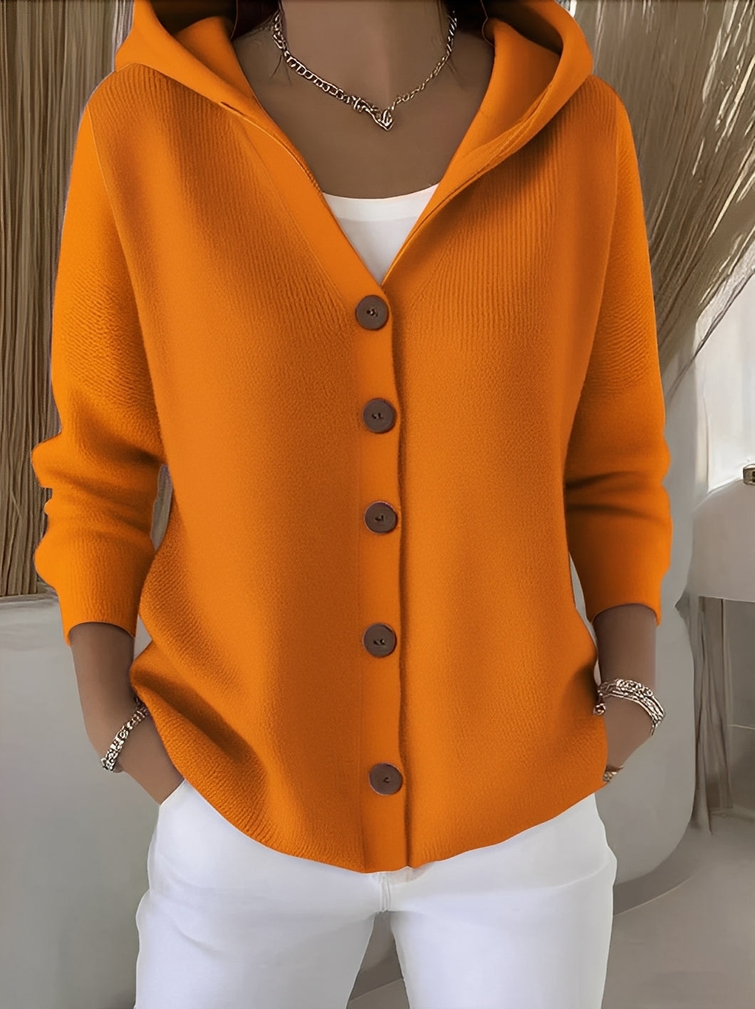 Damen Strickjacke mit Kapuze Komfortable Verarbeitung Beige