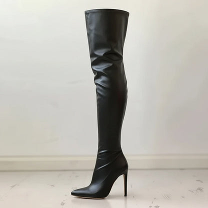 Eveloria Damen Overknee-Stiefel Leder Spitze Stiletto Schwarz - Eveloria