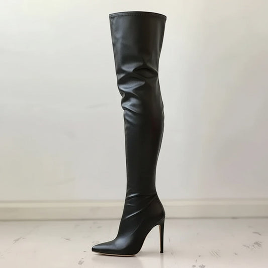 Eveloria Damen Overknee-Stiefel Leder Spitze Stiletto Schwarz - Eveloria