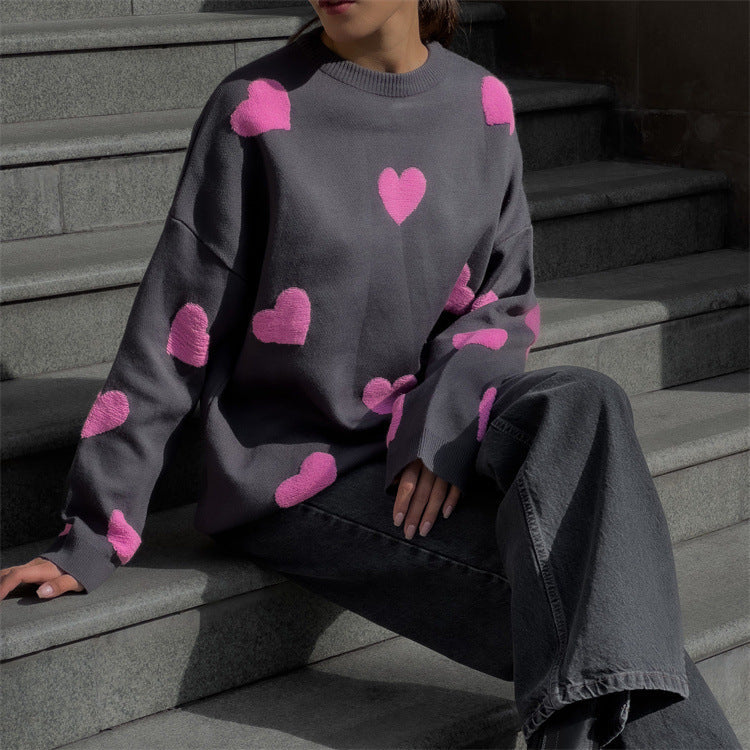 Eveloria Damen Strick Sweatshirt Langarm Übergröße Herzmuster