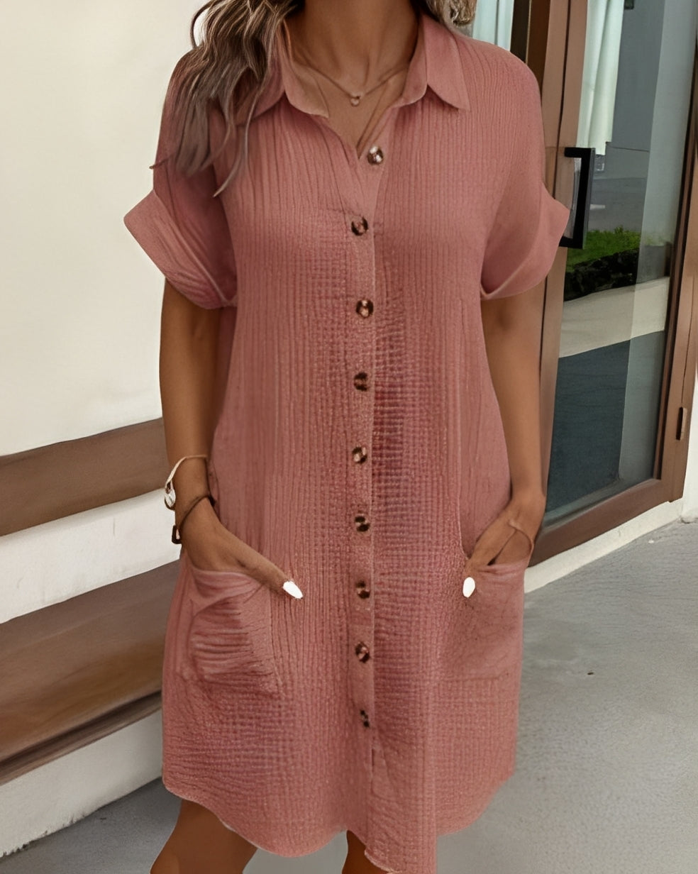 Damen Hemdkleid Einerreihe Knöpfe Leichtes Sommerkleid Beige