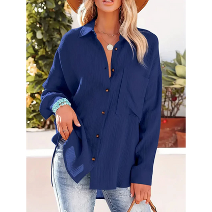Damen Bluse Unifarbe Knopfleiste Hemdkragen Elegante Langarmbluse